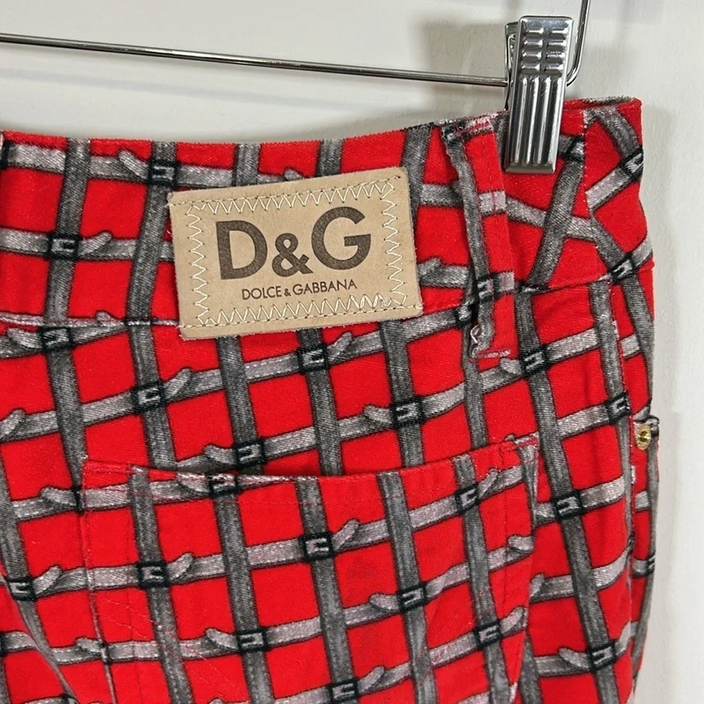 Dolce and Gabbana Velvet Pants Belt Check Print Red Checkered Womens Y2K D&G 10 - Picture 7 of 13